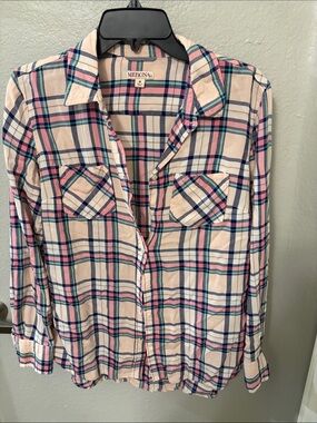 Merona Pink, Navy & Teal Plaid Button-Down Shirt